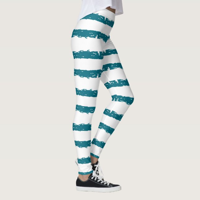 Teal and White Grunge Striped Abstract Leggings (Right)