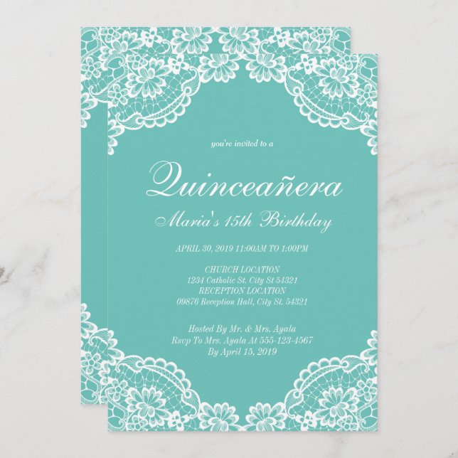 Teal and White Lace Quinceanera, Invitations (Front/Back)