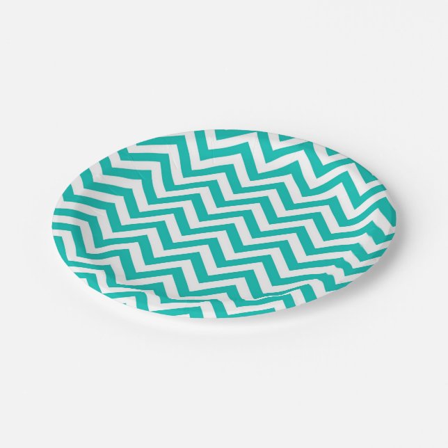 Teal and White Large Chevron ZigZag Pattern Paper Plate (Angled)
