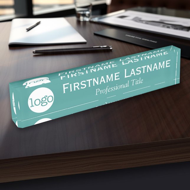 Teal and White - Logo, Name, Professional Title Nameplate (Personalized Name Plate - Custom Logo Executive Desk Plate with Name and Professional Title)