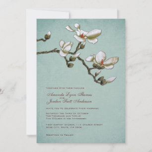 Teal and White Magnolia Wedding Invitation