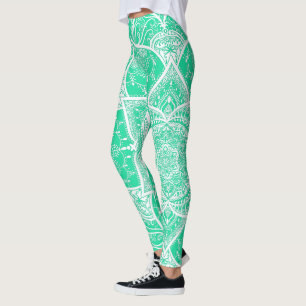 Teal and White Mandala - Loergann in Cedar Leggings