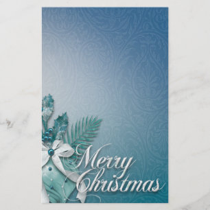 Teal and White Merry Christmas Ornaments Ribbons Stationery