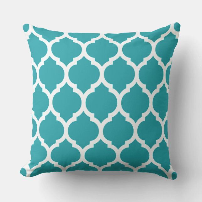 Teal and White Moroccan Quatrefoil Pattern Cushion (Front)