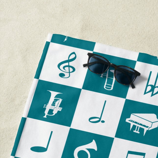 Teal and white music notes and instruments beach towel (In Situ)
