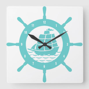 Teal And White Nautical Boat Wheel Square Wall Clock