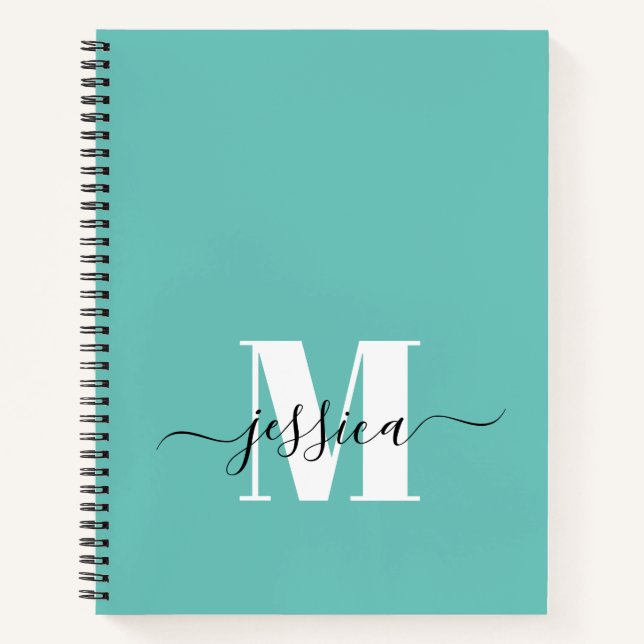 Teal and White Personalised Monogram Notebook (Front)