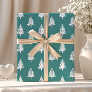 Teal and White Pine Trees Christmas Wrapping Paper