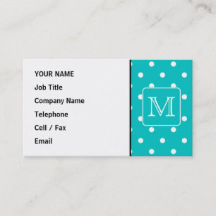 Teal and White Polka Dot Pattern. Custom Monogram. Business Card