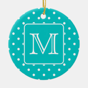 Teal and White Polka Dot Pattern. Custom Monogram. Ceramic Tree Decoration