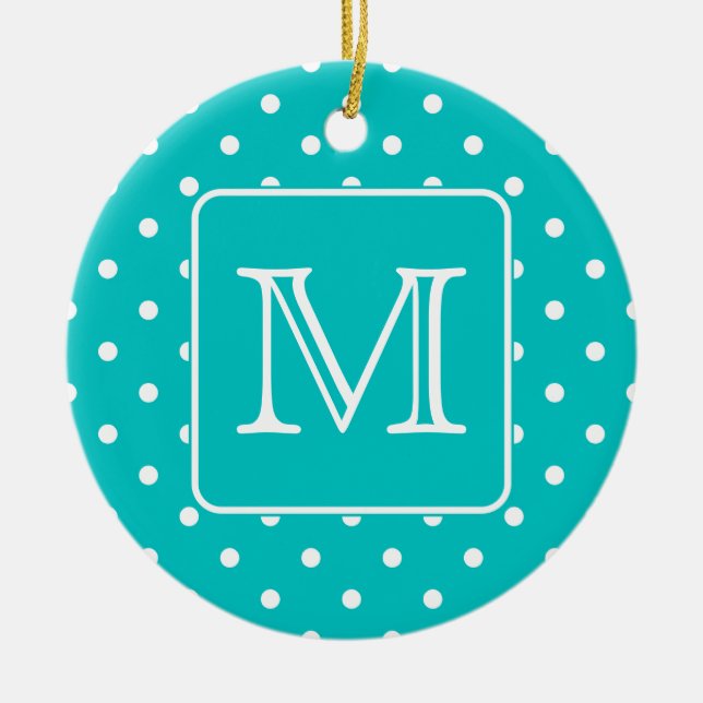 Teal and White Polka Dot Pattern. Custom Monogram. Ceramic Tree Decoration (Front)