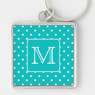 Teal and White Polka Dot Pattern. Custom Monogram. Key Ring