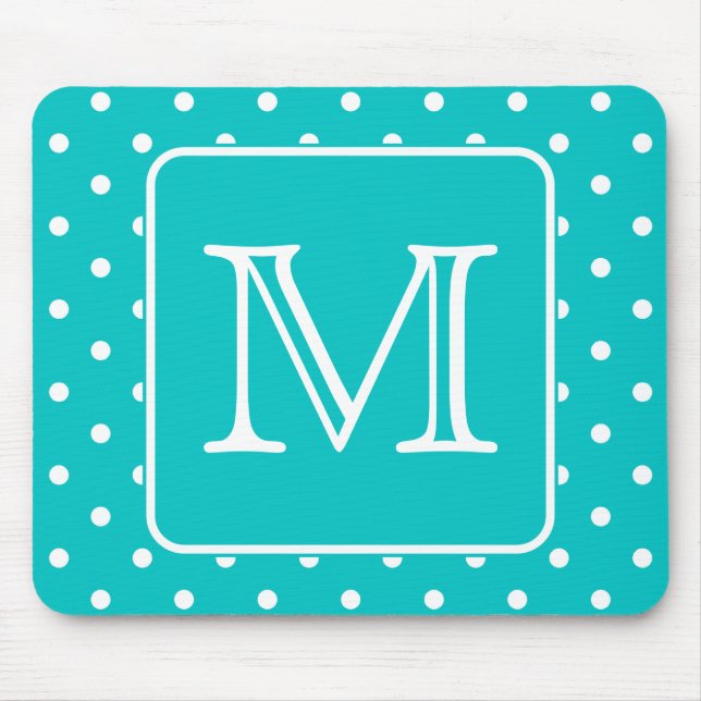 Teal and White Polka Dot Pattern. Custom Monogram. Mouse Pad (Front)