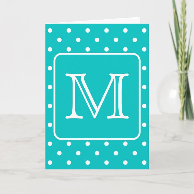 Teal and White Polka Dot Pattern. Custom Monogram. Note Card (Front)