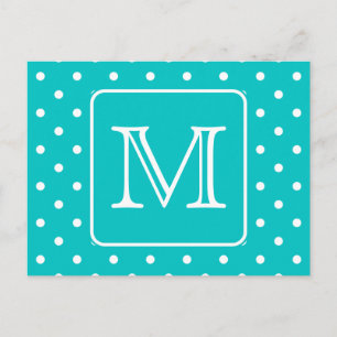 Teal and White Polka Dot Pattern. Custom Monogram. Postcard