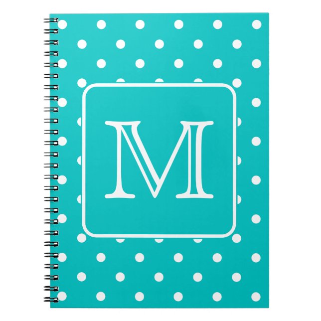 Teal and White Polka Dot Pattern. Custom Monogram. Spiral Notebook (Front)