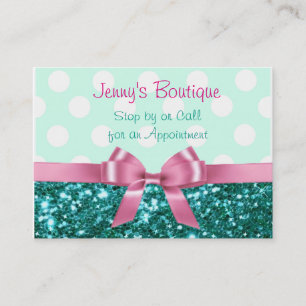 Teal and White Polka Dot with Pink Bow & Glitter Appointment Card