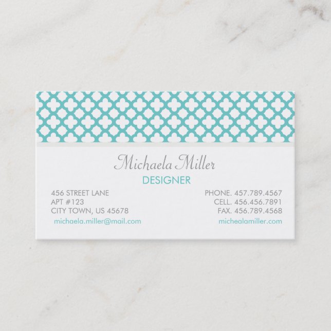 Teal and White Quatrefoil Pattern Business Card (Front)
