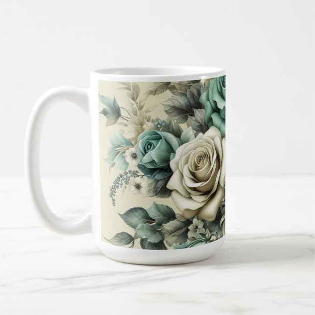 Teal and White Roses Coffee Mug (Left)