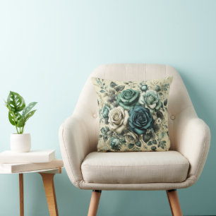 Teal and White Roses Cushion