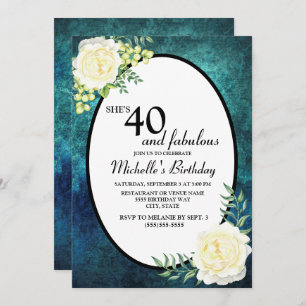Teal and White Roses Grapes 40th Birthday Invitation