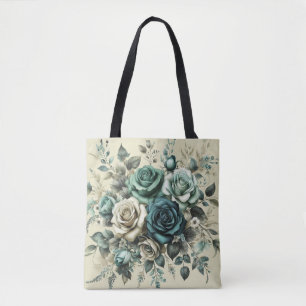 Teal and White Roses Tote Bag