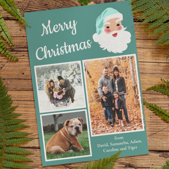 Teal and White Santa Claus Photo Collage Christmas Holiday Card (Creator Uploaded)