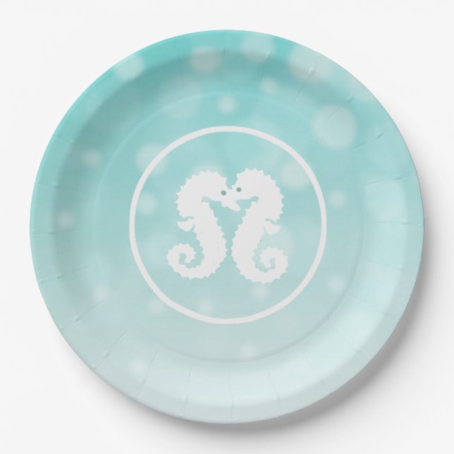 Teal and White Seahorses Kissing Paper Plates (Front)