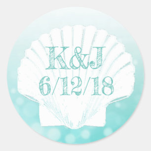 Teal and White Seashell Seaside Wedding Stickers