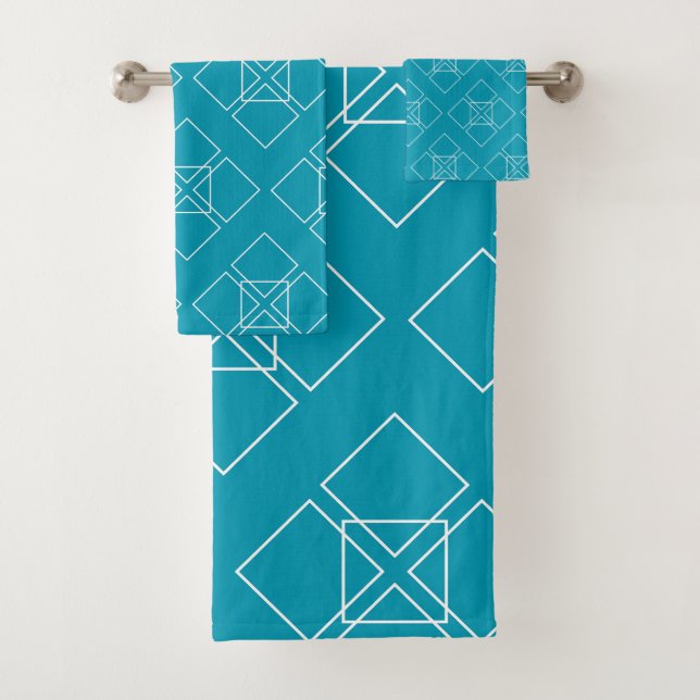 Teal and White Square Petals Bath Towel Set (Insitu)
