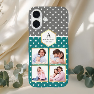 Teal and White Stars Pattern Photo Collage iPhone 16 Case