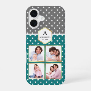 Teal and White Stars Pattern Photo Collage iPhone 16 Case