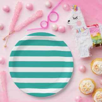 Teal and White Stripes Paper Plate