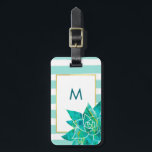 Teal and White Stripes with Watercolor Succulent Luggage Tag<br><div class="desc">This stylish luggage tag has turquoise and white stripes,  with a trendy watercolor succulent and faux gold frame. Add your monogram to the front,  and personalise the back with your contact information.</div>