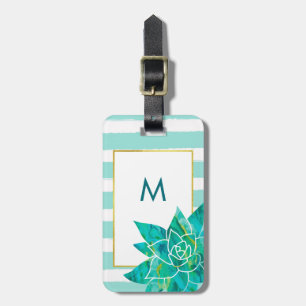 Teal and White Stripes with Watercolor Succulent Luggage Tag