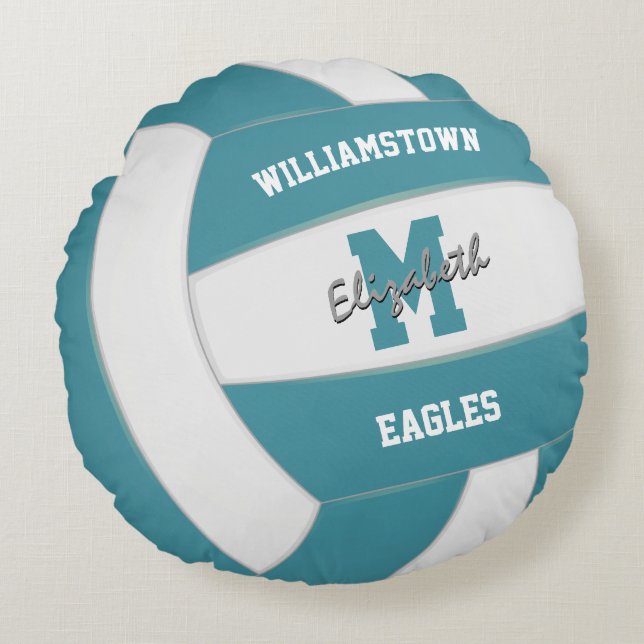 teal and white team colours girls boys volleyball round cushion (Front)