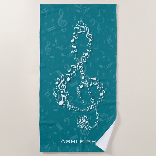 Teal and White Treble Clef Music Notes Beach Towel (Front)