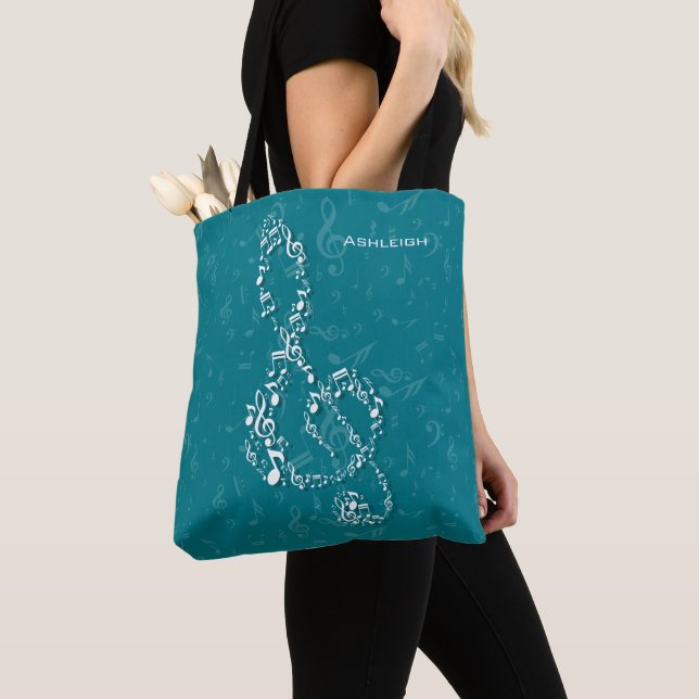 Teal and White Treble Clef Music Notes Tote Bag (Close Up)