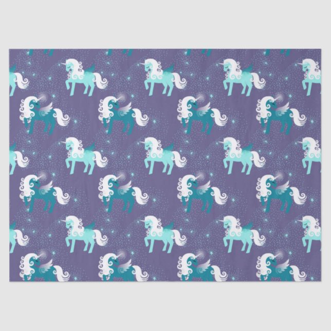 Teal and White Unicorns on Purple Decoupage Tissue Paper (Front)