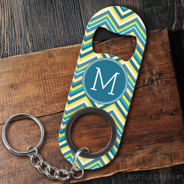 Teal and Yellow Colourful Chevron Pattern Monogram (Custom Bottle Opener)