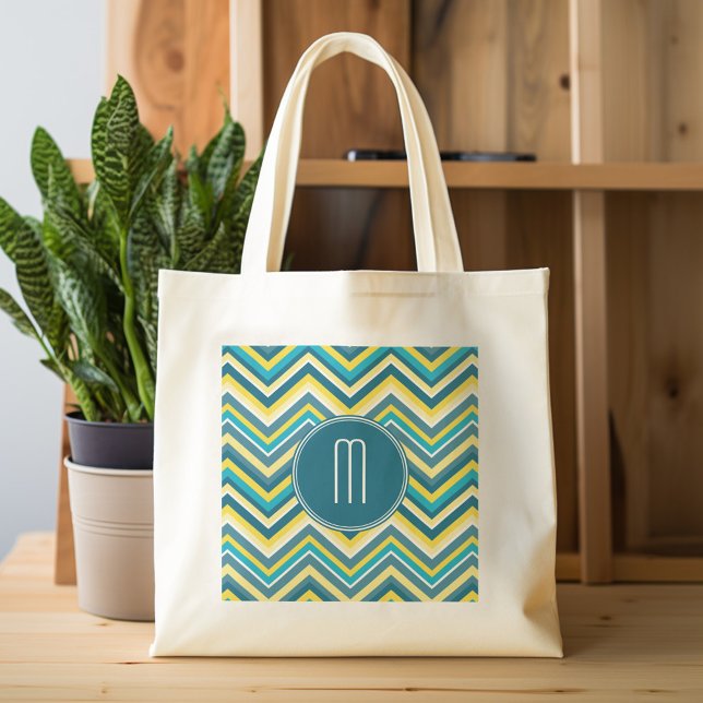 Teal and Yellow Colourful Chevron Pattern Monogram Tote Bag (Personalized tote bag with custom text)