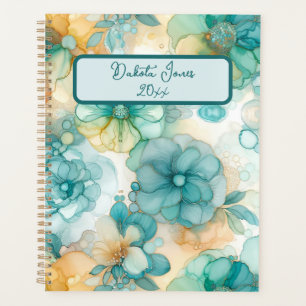 Teal and Yellow Floral Alcohol Ink Illustration Planner