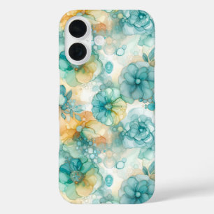 Teal and Yellow Flowers Alcohol Ink Illustration  iPhone 16 Case