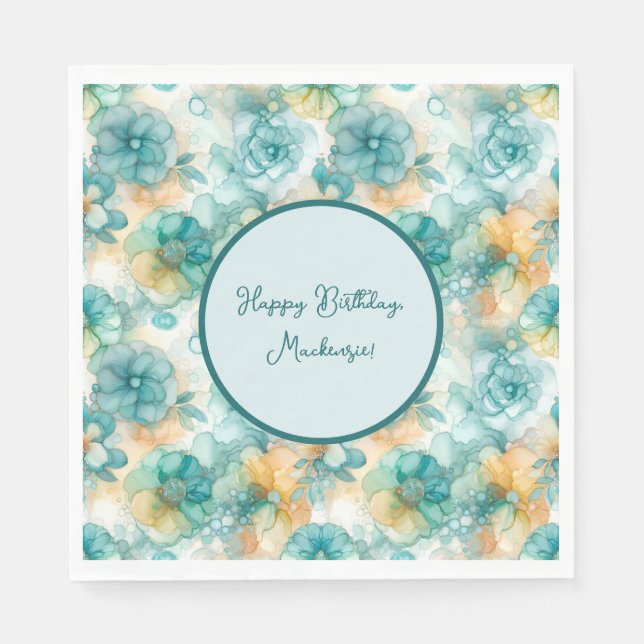 Teal and Yellow Flowers Alcohol Ink Illustration Napkin (Front)