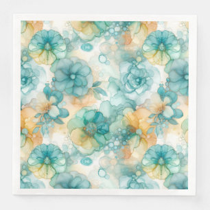 Teal and Yellow Flowers Alcohol Ink Illustration  Napkin