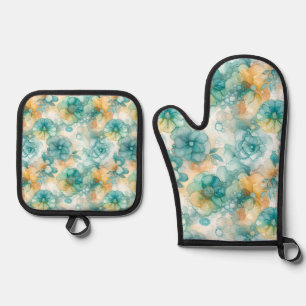 Teal and Yellow Flowers Alcohol Ink Illustration Oven Mitt & Pot Holder Set