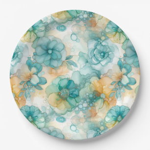 Teal and Yellow Flowers Alcohol Ink Illustration Paper Plate