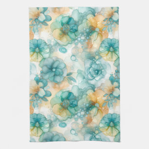Teal and Yellow Flowers Alcohol Ink Illustration  Tea Towel