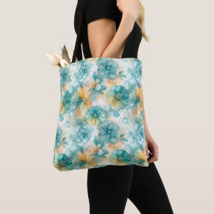Teal and Yellow Flowers Alcohol Ink Illustration Tote Bag