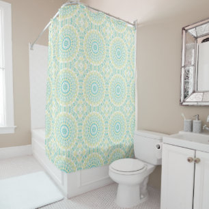 Teal and Yellow Geometric Mandala Pattern Shower Curtain